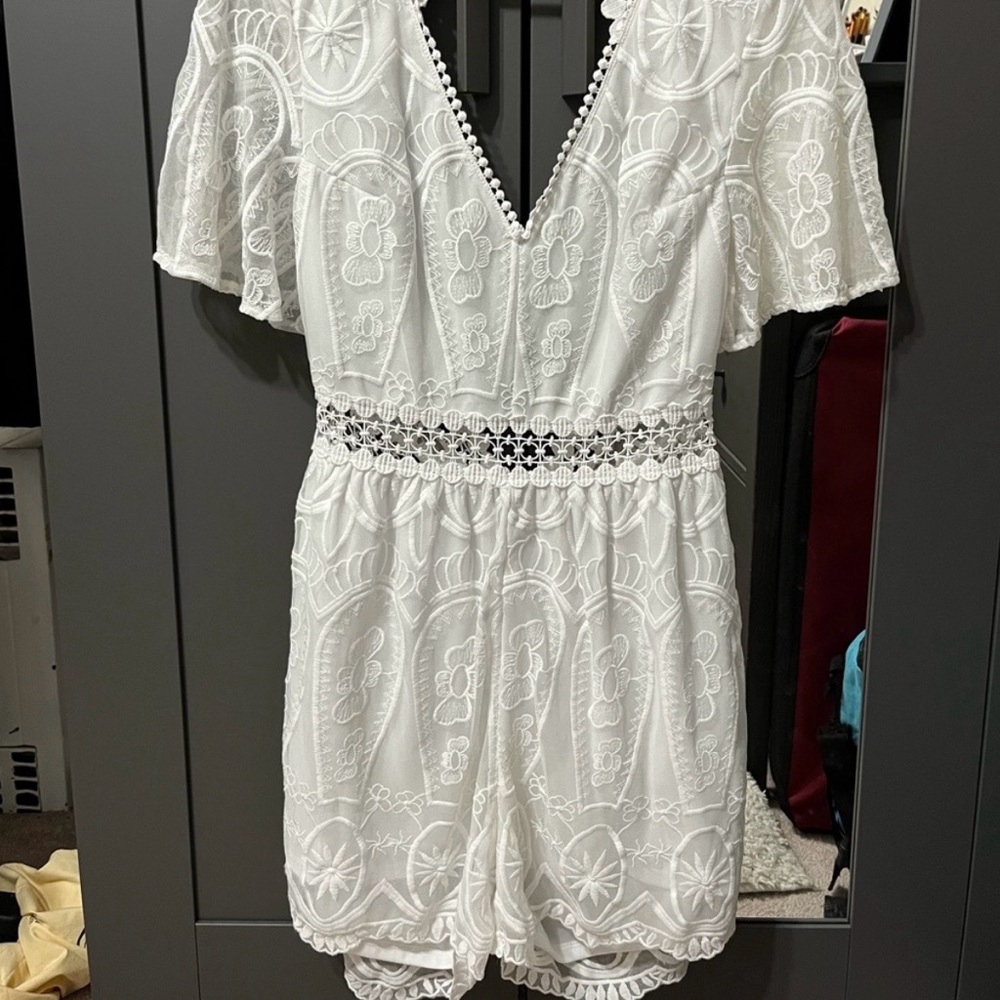 White Lace Romper with Floral Embroidery